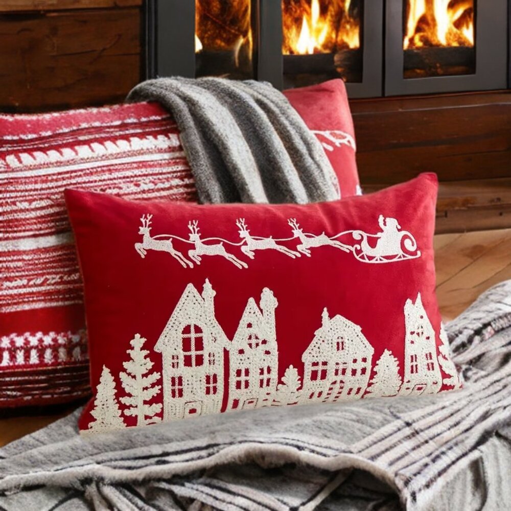 Red Christmas Pillow Cover Holiday Santa Decor Soft Embroidered Lumbar Case 20"